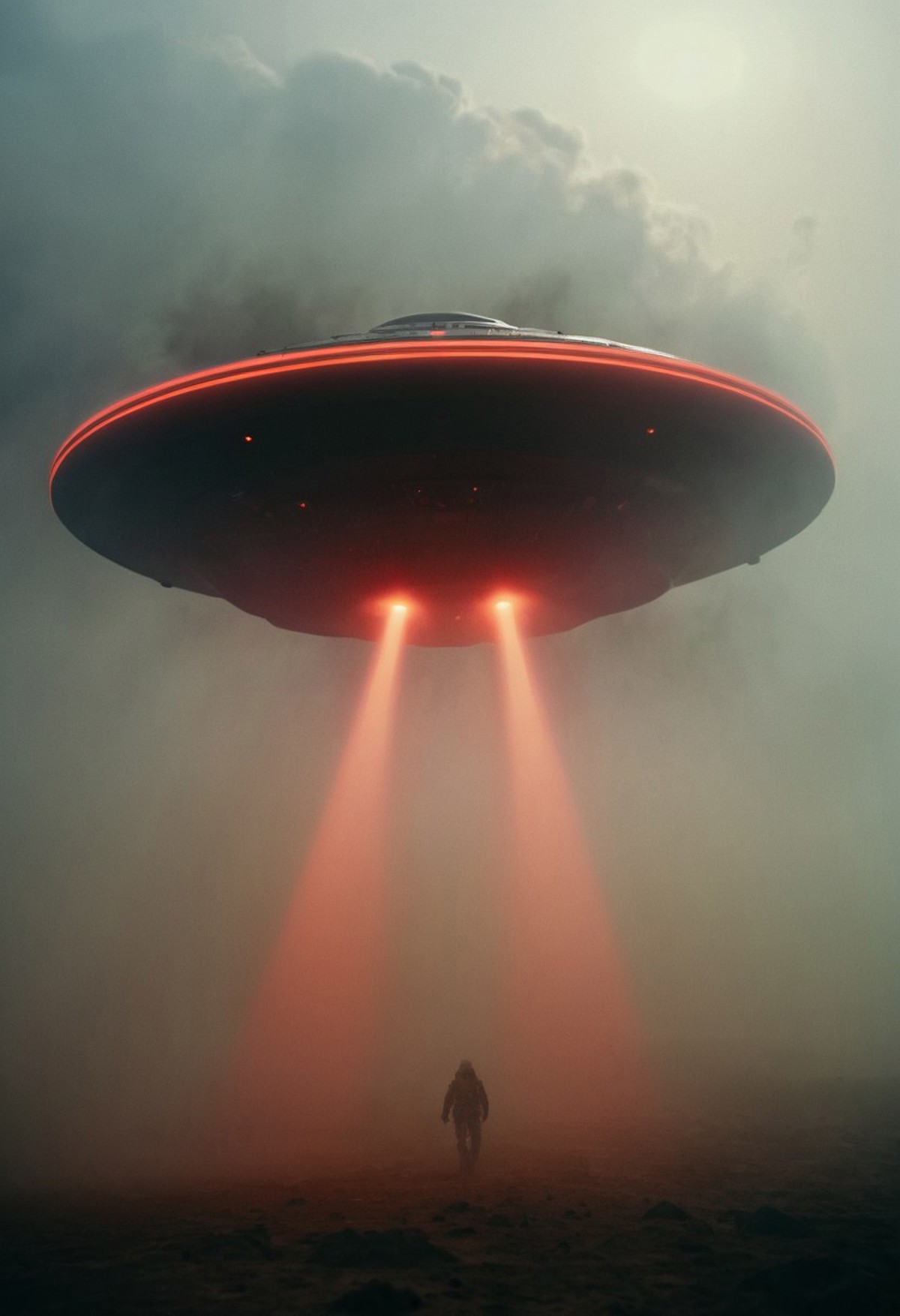 A large, saucer-shaped flying object hovering in a misty atmosphere. The craft has a prominent red lights emanating from its underside, casting down two distinct beams of light onto the ground below. Underneath it, there is a person seemingly walking towards the UFO. The setting appears to be an open landscape shrouded in fog, which adds to the eerie and mysterious quality of the scene. 