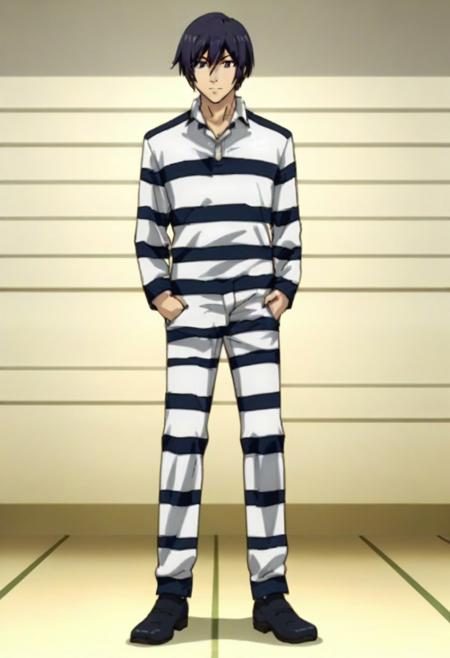 Kiyoshi Fujino black hair black eyes striped white prison outfit, striped white trousers, shoes