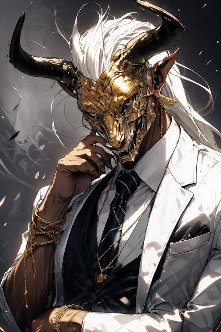 <lora:Henshin-000008:0.7>
Henshin, solo, long_hair, looking_at_viewer, shirt, 1boy, jewelry, jacket, white_shirt, upper_body, white_hair, male_focus, necktie, horns, pointy_ears, collared_shirt, hand_up, dark_skin, necklace, vest, bracelet, mask, muscular, chain, formal, dark-skinned_male, suit, muscular_male, black_necktie, black_skin, ultra realistic,32k,RAW photo,(high detailed skin:1.2), 8k uhd, dslr, soft lighting, high quality, film grain