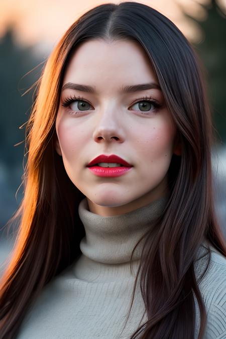 beautiful woman (atjoy:.99), perfect waist, closeup portrait, realistic, (detailed:1.15),(film grain, skin details, 4k:1), ecstatic, Dappled Light, analog style (look at the viewer), (skin texture), (film grain), (hyper-realistic texture skin:1.3), cinematic light, sidelighting, ultra high res, best shadow, RAW, beautiful hair, designer jacket, fashionable skirt, turtleneck shirt, winter city park, professional model photoshoot, hdr, sunset, (red lips)