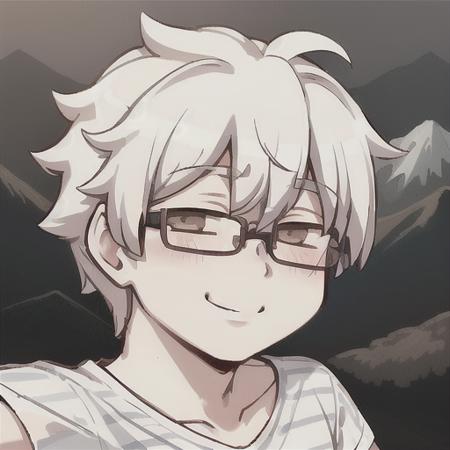 best quality, masterpiece, 1boy, male, solo, white hair, ((striped t-shirt)), smile, blush, selfie, mountain top, brown eyes, young, glasses, photorealistic, photorealistic face, cinematic lighting, high contrast, messy hair, short hair, closed mouth, <lora:April-Fools:1>