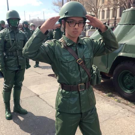 1boy, solo, (beautiful boy face:1.2), Dark brown hair, short_hair, (Dark brown eyes), (glasses),  <lora:Plastic Green Army Toy Soldier Costume:0.5>, Plastic Green Army Toy Soldier Costume, (Green Helmet, Plastic Green Jacket, Plastic Green Pants, Green Belt, Plastic Green Gloves, Plastic Green Boots), Plastic Green Base Plate, standing, salute, saluting, full body, outdoors, from front