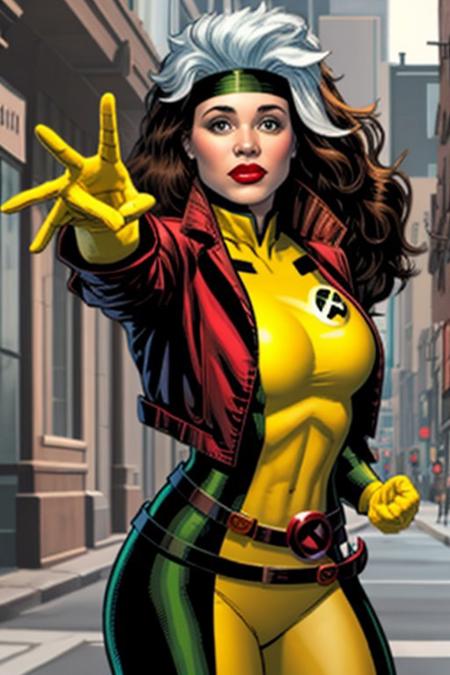 Rogue, Classic, Superhero, Southern Belle,  looking at viewer, large breasts, voluptuous, jacket, parted lips,belt, open jacket,  lips, covered navel, makeup, headband, outstretched arm, lipstick, multicolored clothes, buckle,  belt buckle, red lips,  yellow gloves, specular highlights, Rogue of the X-men, nice hands, dynamic angle, dynamic lighting, side lighting, rim lighting, sci fi <lora:Rogue:0.5>