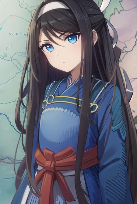 asaka mibu, long hair, black hair, ribbon, very long hair, hair ribbon, hairband, blue eyes, weapon, japanese clothes, sword, armor, katana,
