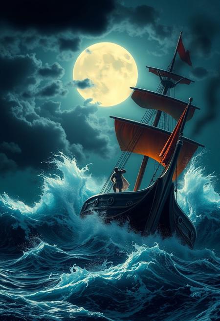 A Phoenician sailor struggles on the deck of his majestic ship as it battles a storm, The waves crash dramatically against the ship, creating a sense of movement and intensity. Dark clouds drift across a bright moon enhancing the mystical and ominous atmosphere of the scene. dramatic fantasy, colourful, poetic, fantastic image, deep focus, high quality, digital photo
