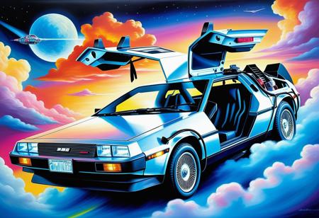 impressionist, detailed, masterpiece, dynamic, powerful, breathtaking, vibrant, oil-painted, a fantastical flying Delorean with glowing blue headlights soaring through a mystical world with delicate clouds and soft brushstrokes, in a vibrant, dreamlike style with pastel colors and an otherworldly atmosphere