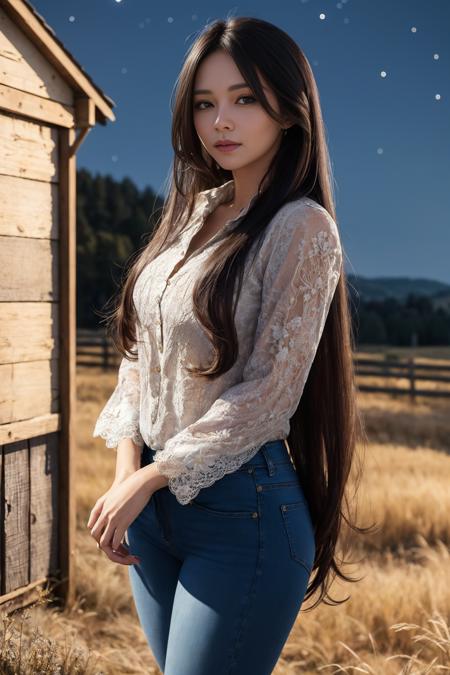 masterpiece, ultra detailed, woman, waring batic, blouse, long hair, windy, wearing long jeans, wearing inner longshirt, background is rural area, (night:1.2), detailed shadow, detailed face textures