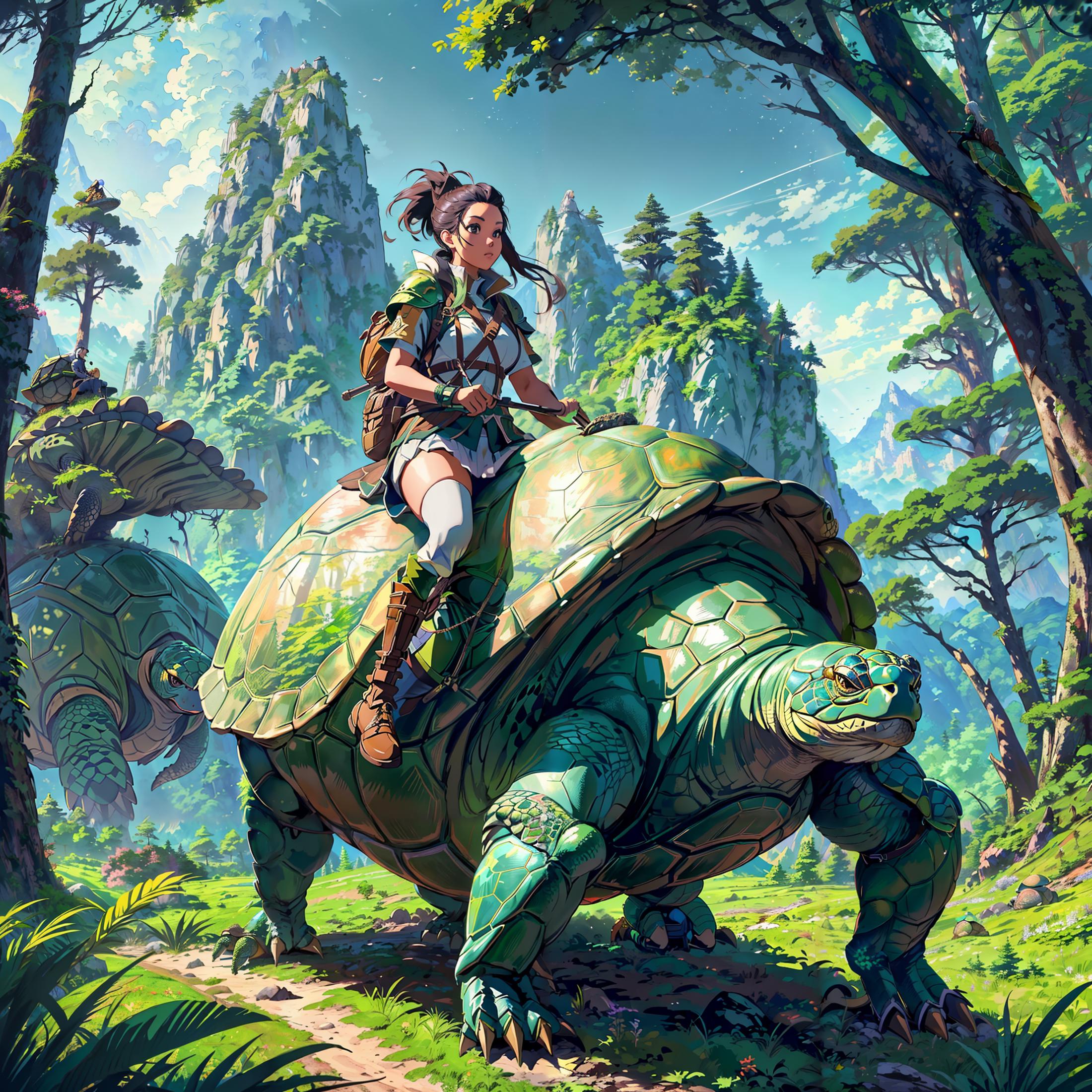 A woman riding a green turtle in a forest with mountains in the background.