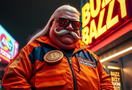 Buzz Daddy is a larger-than-life character, exuding charisma with a signature grin reminiscent of Riccardo Villalobos. His playful, lighthearted aura contrasts with his bulky, chubby physique. He’s decked out in a corporate tracksuit with vibrant psychedelic details, featuring a standout orange piece that reads “The Road to Torino.” His look is completed by a massive yogurt buckle shaped like a buzz coin, long, straight white hair, and a bold custom biker mustache that adds a rugged touch to his eccentric style. His Ray-Ban Wayfarer goggles reflect the electric glow of digital yellow signs, while he mischievously tosses stacks of Buzz coins around.
Buzz Daddy’s personality is zany, artistic, and captivating—his presence radiates the vibe of a meme king who thrives on humor and unpredictability. In the scene, “Buzz Daddy” is showcased in luminous, cinematic letters, whether displayed on a neon-lit billboard, a glowing mural, or boldly printed across his ultra-realistic jacket. The composition merges digital and artistic styles, creating a playful yet composed visual experience. The atmosphere is surreal and meme-driven, highlighting Buzz Daddy’s larger-than-life persona with influences from aidmafluxpro1.1, aidmaMJ6.1, and aidmahyperrealism, ensuring an unforgettable visual impact.
