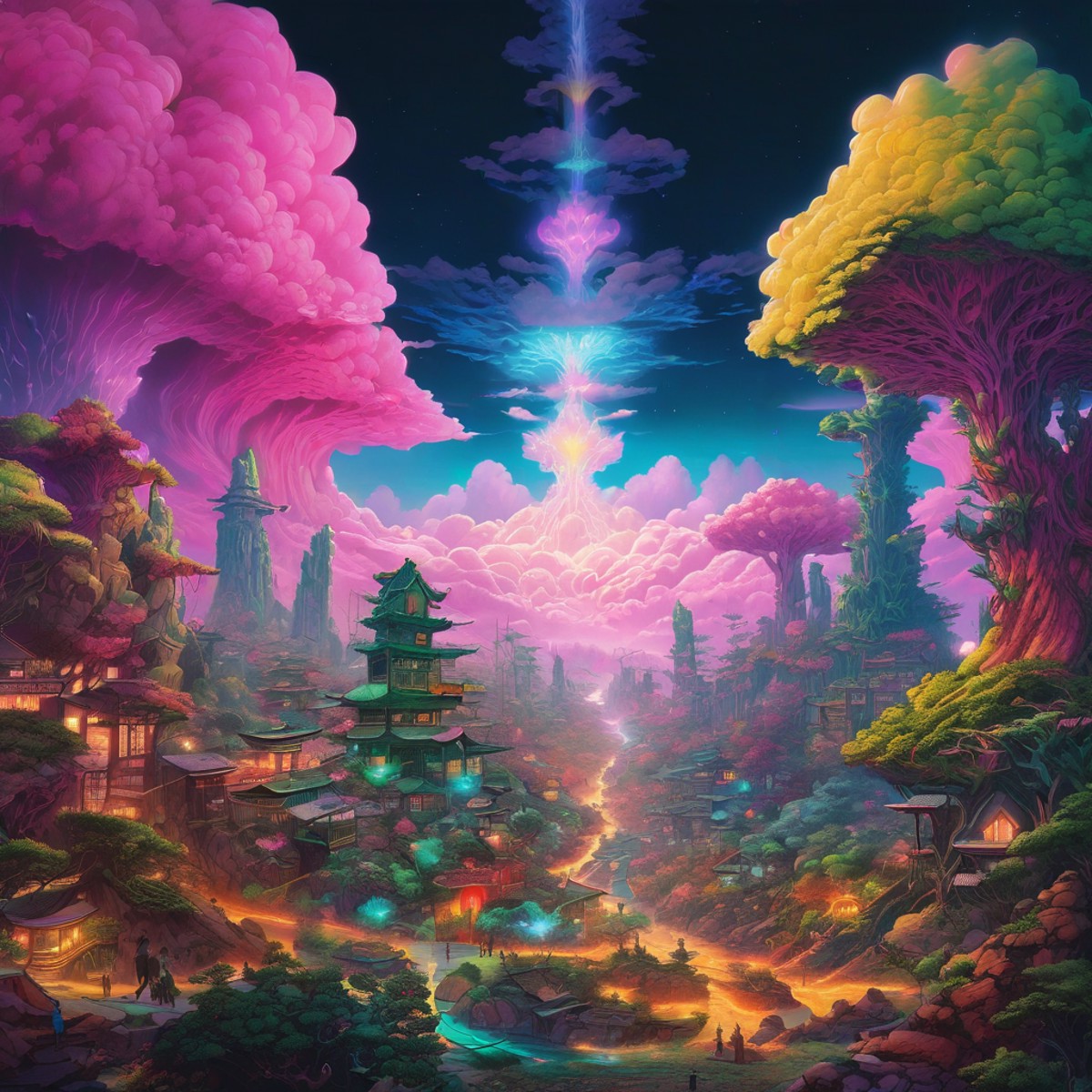 a photo of a  izuku skyline with a huge psychedelic cloud growing on him, jagged plants, volumetric lightning by yoshitaka...