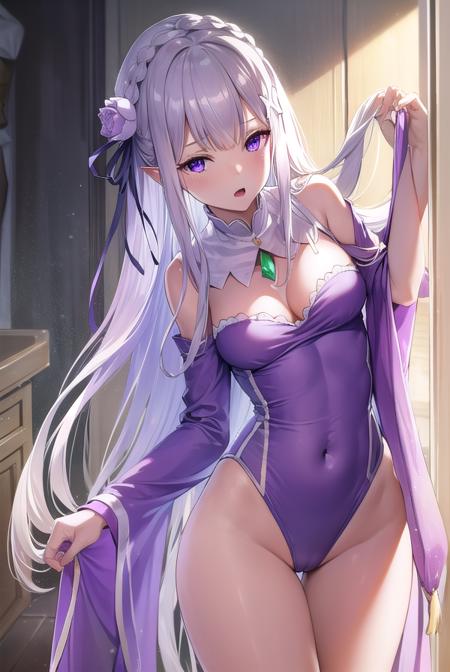 emilia, braid, crown braid, flower, hair flower, hair ornament, hair ribbon, long hair, pointy ears, (purple eyes:1.2), white hair, x hair ornament, detached collar, detached sleeves, frilled sleeves, frills, long sleeves, miniskirt, pleated skirt, ribbon, skirt, thighhighs, white skirt, white sleeves, white thighhighs, wide sleeves, zettai ryouiki alternate costume, cardigan, open cardigan, open clothes, sailor collar, school uniform, scrunchie, serafuku, sleeves past elbows, wrist scrunchie,