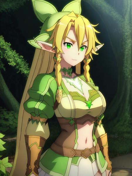 masterpiece, best quality, octane render, LeafaALO, blonde hair, green leather armor, long hair, detailed eyes, pretty face, <lora:SAO50RS:1>