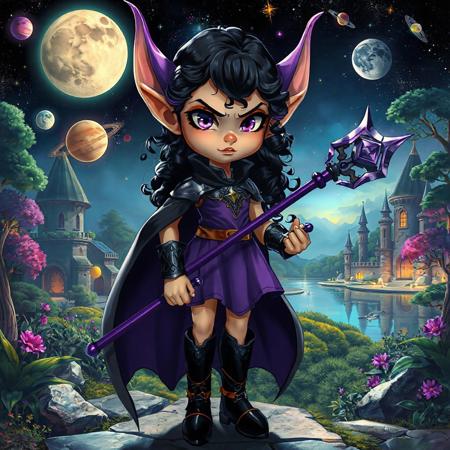 1girl, fantasy elf, long fantasy elven ears, natural lighting, realistic style, round cheek bones, full lips, small mouth, small nose, round face, black velvet boots laced with leather straps, petite, ((very thin waist:1.5)), body shaped like hourglass, long curled black hair with purple highlights, purple eyes, pupils showing, colourful planets and moon and stars and space in the background, a tome, zoomed out, full veiw, a purple elven metal armor, wearing a purple magical staff, long black cloak, hyperealistic, fantasy castlle sitting in a magical jungle in the background, a lake in the background, cute face, purple dress, angry look on her face, very mad elf