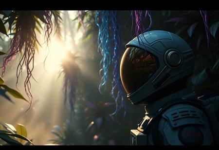Cinematic shot, astronaut exploring an alien jungle, dense foliage towers overhead, exotic plants with glowing bio-luminescent tendrils, vibrant purple and blue leaves, soft mist, futuristic space suit, helmet with gold visor, helmet visor reflects the strange environment, backlit by the morning sun, gentle rays filter through, creating a soft glow, dramatic camera angle, shallow depth of field, 8K, UHD, dslr, film grain, intricate details, hyperrealistic.