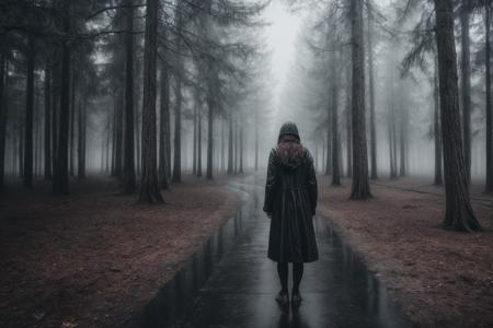 RAW photo, dark forest, rain, the girl in black is standing with her back, fog, sadness , best quality, masterpiece,ultra high res, (photorealistic:1.4), 8K raw photo,  professional photography, award winning photo, photography//,
<lora:add_detail:1.3>