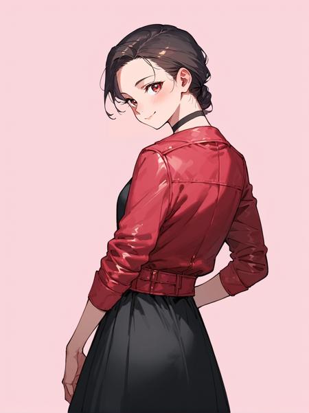 red jacket, black dress, black choker