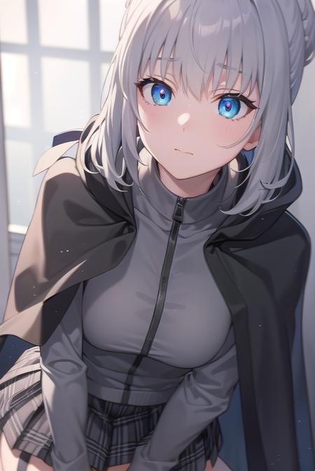 gray, blue eyes, short hair, grey hair, ahoge, black cape, black footwear, black ribbon, black shirt, black thighhighs, cape, grey skirt, hood, hood up, long sleeves, miniskirt, plaid, plaid skirt, pleated skirt, ribbon, shirt, skirt, solo, thighhighs, zettai ryouiki, hair bun, hair ribbon, ribbon, black cape, black footwear, black ribbon, black shirt, black thighhighs, cape, grey skirt, hood, long sleeves, miniskirt, plaid, plaid skirt, pleated skirt, ribbon, shirt, skirt, solo, thighhighs, zettai ryouiki,