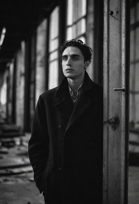 tyson_dayley <lora:tyson_dayley-08:0.75> , urban gritty location, posing in an industrial setting with steel beams,  Timothy tchalamet, natural lighting, dramatic directional lighting, bold confident mood, black and white Peter Lindbergh photography
