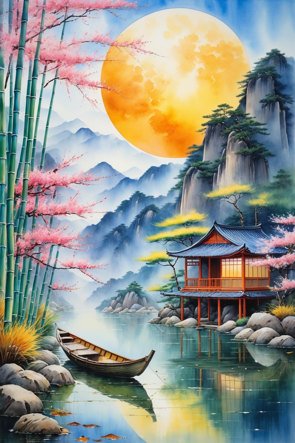 A painting of a boat on the water next to a Japanese-style building with a moon in the background.