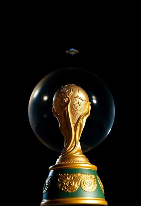 Against a dark background, inside the crystal ball of a golden World Cup trophy was an unreal world. In the deep blue night sky, dotted with stars, a small UFO stopped in the distant sky.