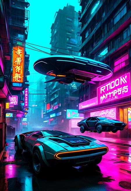 A futuristic cyberpunk flying car parked on a futuristic street in the rain, street lined with multi-storey buildings covered in neon signs, graffiti and advertisements, the street is dark, dingy, dirty and grimey, bathed in multi-coloured light reflections from the neon signs