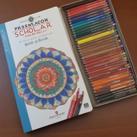 “Prismacolor Scholar” colored pencils (Box of 24), with an open mandala book which has started to be colored, pencils next to the book