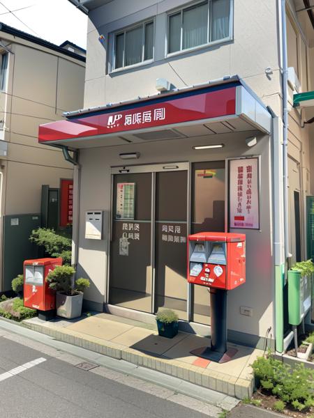 masterpiece, best quality, ultra-detailed, illustration,
JPO, scenery, vending machine, chinese text, clock, door, trash can, sign, building, shop, air conditioner, outdoors, window, plant, road, Post box
 <lora:JapanPOST:1>