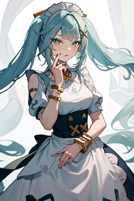 best quality, masterpiece, highres, solo, {maid:1.40}, {long maid dress:1.15}, {faruzan_genshin:1.15}, twintails, bangs, long_hair, hair_ornament, aqua_hair, x_hair_ornament, green_eyes, jewelry, breasts, bracelet, small_breasts, symbol-shaped_pupils, upper_body