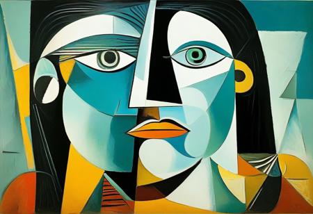 masterpiece, best quality, illustration, style of Pablo Picasso, cubist, complementary colors, abstract landscape,