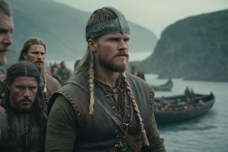 cinematic film still of vikings landing on the north-american coast meeting indians, shallow depth of field, vignette, highly detailed, high budget, bokeh, cinemascope, moody, epic, gorgeous, film grain, grainy