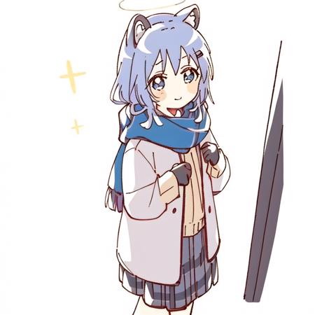 1girl, animal_ear_fluff, animal_ears, bangs, black_skirt, blue_eyes, blue_scarf, blush, closed_mouth, eyebrows_visible_through_hair, gloves, simple_background,white_background, hair_ornament, hairclip, halo, jacket, long_sleeves, looking_at_viewer, open_clothes, open_jacket, plaid, plaid_skirt, pleated_skirt, scarf, shirt, skirt, smile, solo, white_shirt, <lora:namori2-000008:1>