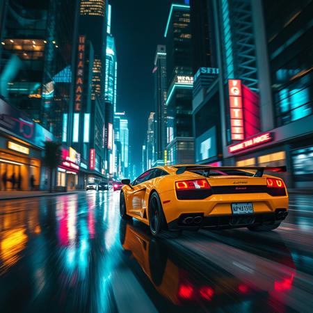 A cinematic close view shot of the lamborghini galardo  speeding down a neon-lit street at night, reflecting the bright, colorful lights from surrounding skyscrapers, with rain-slicked roads creating a mirror effect of the car’s sleek yelow body. The glowing cyberpunk city skyline in the background enhances the futuristic vibe of this intense race scene.