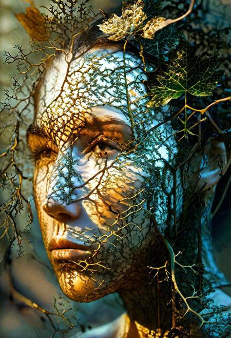 Fractalvines, A portrait of a human face, its features dissolving into a tapestry of fractalvines, revealing the interconnectedness of nature and humanity. <lora:Fractal_Vines:1>  <lora:EnvyBetterHiresFixXL01:0:hr=1>