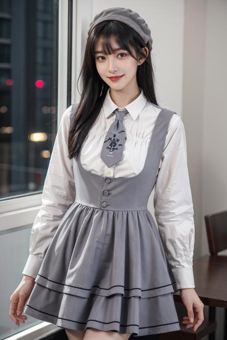 best quality, quality, masterpiece, photorealistic, cowboy shot, 1girl, solo, long black hair, straight hair, blunt bangs, looking at viewer, smile, cyb dress, cyb shirt, cyb skirt, necktie, suspender skirt, suspenders, hat, cafe, window, night, neon light, crowd, colorful, <lora:dating_attire_style4_v1:0.65>