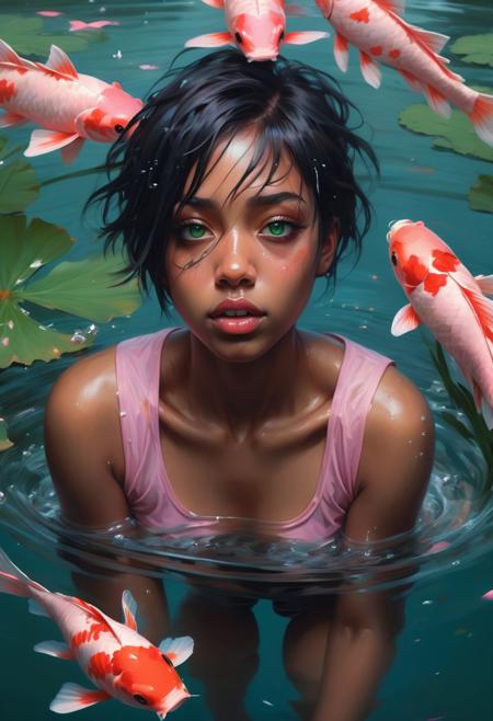 a female with dark skin, and a short hair and green eyes, she’s wearing a torn t-shirt and thigh shorts swimming under the water of the lake at the night, and opening her eyes, around her a pink koi fish and black koi fish and blue koi fish. highly detailed, masterful painting in the style of Anders Zorn | Marco Mazzoni | Yuri Ivanovich, Aleksi Briclot, Jeff Simpson, oil on canvas