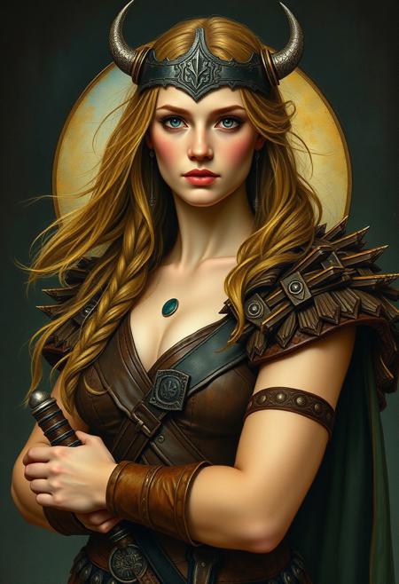 Portrait of a brave female Viking warrior, shoulders open, armed, Art Nouveau, Neo-Impressionism