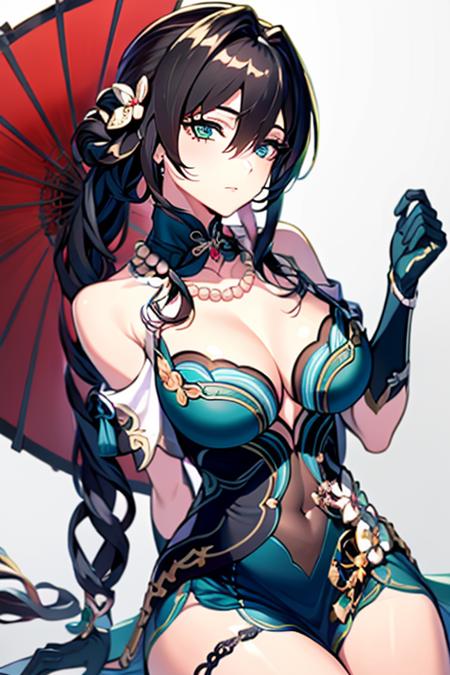 Black hair, bright blue eyes, pearl necklace, necklaces, blue Chinese clothing, blue gloves, blue high heels,