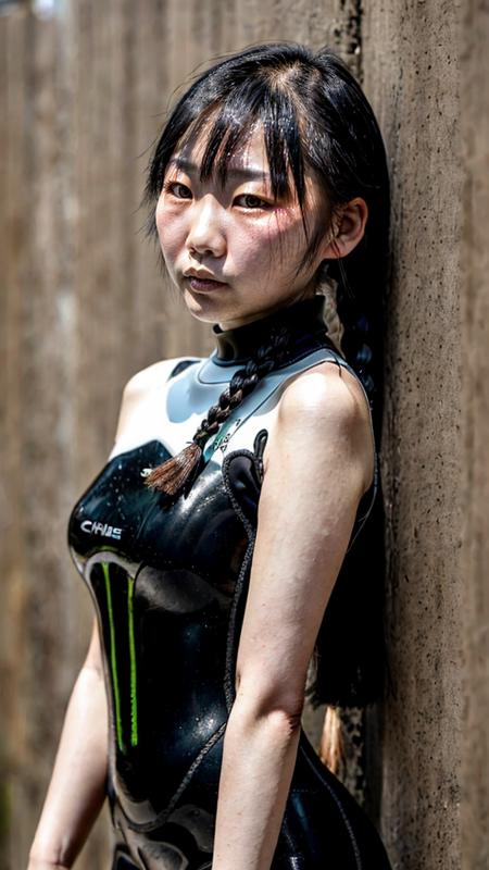 a 35 yo chinese woman, black wetsuit, black hair, plait, (eyes looking neutrally at the viewer:1.5), head turned right, headshot, high quality, detailed face, pale skin, whole head, standing at a wall, full body
