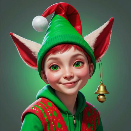 hyper detailed masterpiece, dynamic realistic digital art, awesome quality,  Small humanoid creature, Pointed ears,  Bright and festive attire, red, green, holiday colors,  pointed hat with a bell on the tip,   Merry cheerful expression, Rosy cheeks, lively eyes,