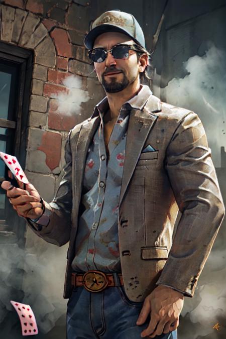 1boy,  solo,  Ace Visconti,  Dead By Dayligh,  Argentinian of Italian descent,  gambler,  grey-streaked hair,  facial hair,  sunglasses,  (cap),  damask print shirt,  classic jacket,  jeans,  mature,  manly,  masculine,  handsome,  charming,  alluring,  dashing,  smirk,  (standing),  (upper body in frame),  dark background,  fog,  dark atmosphere,  cinematic light,  perfect anatomy,  perfect proportions,  perfect perspective,  8k,  HQ,  (best quality:1.5,  hyperrealistic:1.5,  photorealistic:1.4,  madly detailed CG unity 8k wallpaper:1.5,  masterpiece:1.3,  madly detailed photo:1.2),  (hyper-realistic lifelike texture:1.4,  realistic eyes:1.2),  picture-perfect face,  perfect eye pupil,  detailed eyes,  realistic,  HD,  UHD,  portrait,  looking outside frame,  side view,  dynamic,  cinematic,  floating poker cards,<lora:EMS-269078-EMS:0.800000>