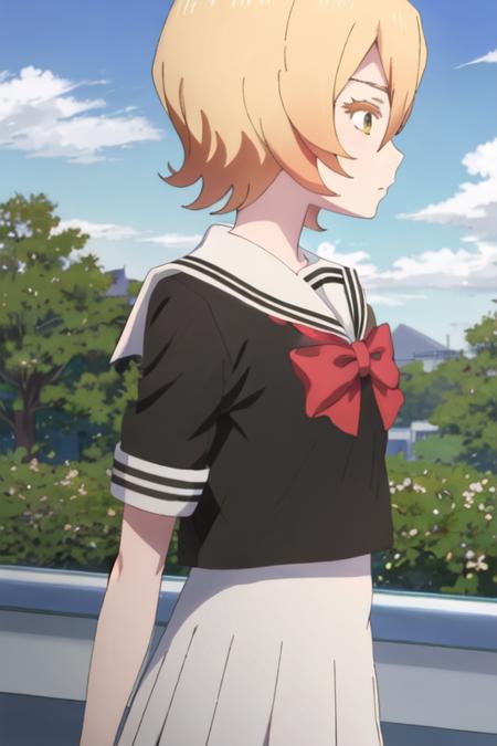 best quality, masterpiece, highres, solo, {tsuyuno_yatsumura_mahoushoujosite:1.15}, blonde_hair, short_hair, yellow_eyes, serafuku, hair_between_eyes, 1girl, anime_coloring, day, sailor_collar, school_uniform, sky, white_sailor_collar, outdoors, profile, upper_body, blue_sky, cloud, black_shirt