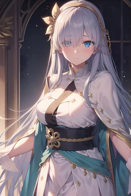 anastasia, blue eyes, grey hair, hair between eyes, (hair over one eye:1.5), long hair, bangs, blue cloak, brown hairband, cloak, dress, fur trim, hairband, royal robe, sash, tachi-e, white dress, wide sleeves,