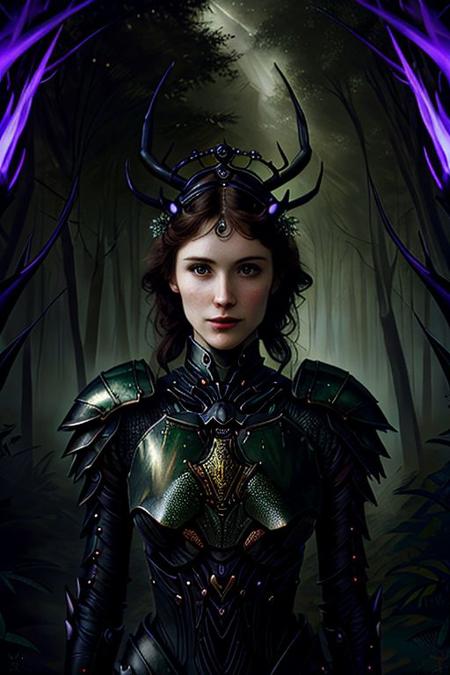 Pre-Raphaelite portrait of (beautiful face, long neck, slender arms)) Mantis armor, greater stag beetle, crab diadem, glowing, detailed background, floating particles, darkness, forest