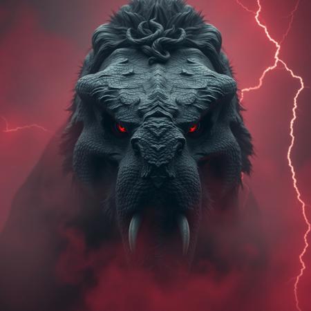 beast man face, fierce, agressive, HDR, 4k, ultra realistic, ultra detailed, in the mist, mastodonte, mammut, red smoke, lightnings