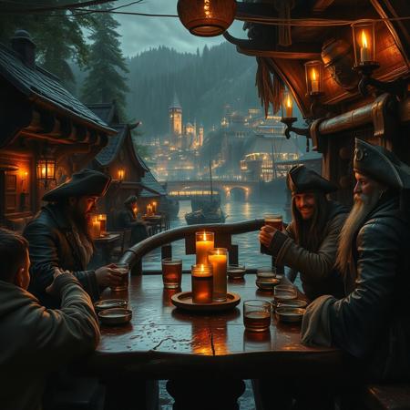 (masterpiece hyperrealisitic, medium format camera shot, fantasy oil painting, concept art 8k, high quality, detailing, textures)  Imagine a spooky atmospheric perfect fantasy tavern  with happy perfect hyperrealisitic pirates drinking beer, with cozy candle light, rain reflections, by the river, ( in the background a large fantasy hyperrealisitic bustling port town city metropolis sprawls), nestled between a verdant, ancient forest, encircled by cliffs and city bridges across the river used for logging, taking it to the perfect pirate ships and the crashing waves of the vast, unexplored ocean.