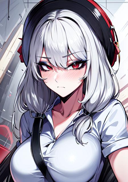 (masterpiece), best quality, lot of details, 1 girl,solo, upper body, sad, long hair, red eyes, white shirt, office lady, closed mouth, orouu, eyeshadow, large breasts, white hair, <lora:Orouu_70_v2:0.7>