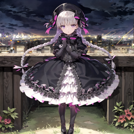 NurseryRhyme 1girl, nursery rhyme (fate), solo, joints, braid, hat, doll joints, long hair, dress, twin braids, purple eyes, black dress, full body, bow, lolita fashion, outdoors, city backround, gray hair, NurseryRhyme,