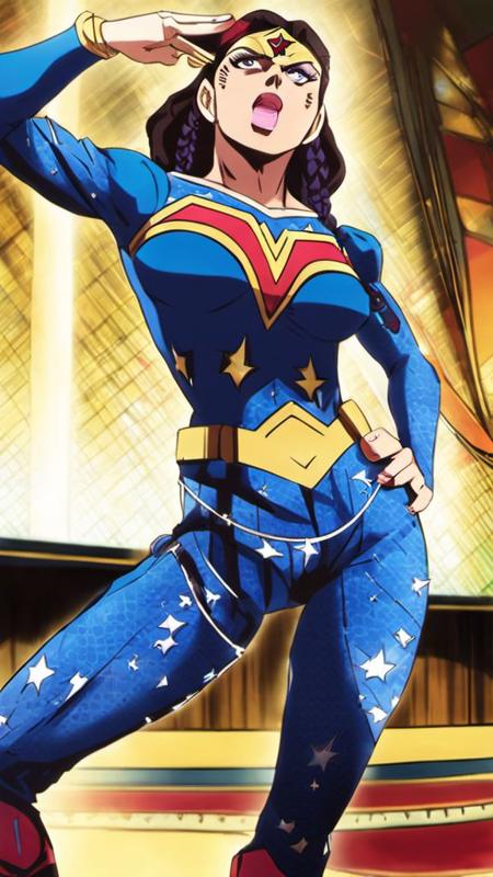 A professional full body shot of ((Wonderwoman)) at a club, Very detailed, clean, high quality, sharp image, jojoso style <lora:SDXL-jojoso_style-Lora:1>