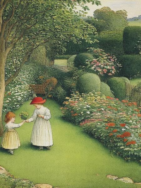 <lyco:KateGreenaway:1.0> Garden, by Kate Greenaway