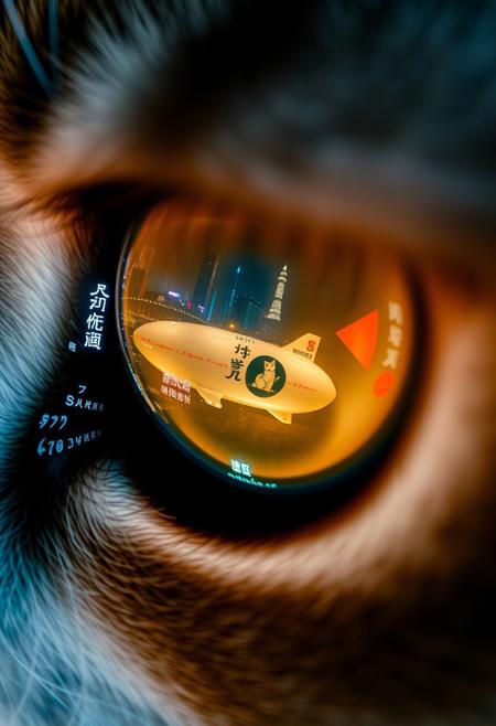 extreme close up portrait of a cat's eye reflecting the a futuristic Tokyo skyline at night from a very high level, the skyline is with futuristic skyscrapers and futuristic transports and futuristic aircraft and spaceships in a variety shapes and sizes, the airships covered with lights and advertisements in Japanese,  reflecting in the cat's eye is a huge airship that has an advertisement with a Japanese cat on the side, the cat's eye has takes up 85% of the image